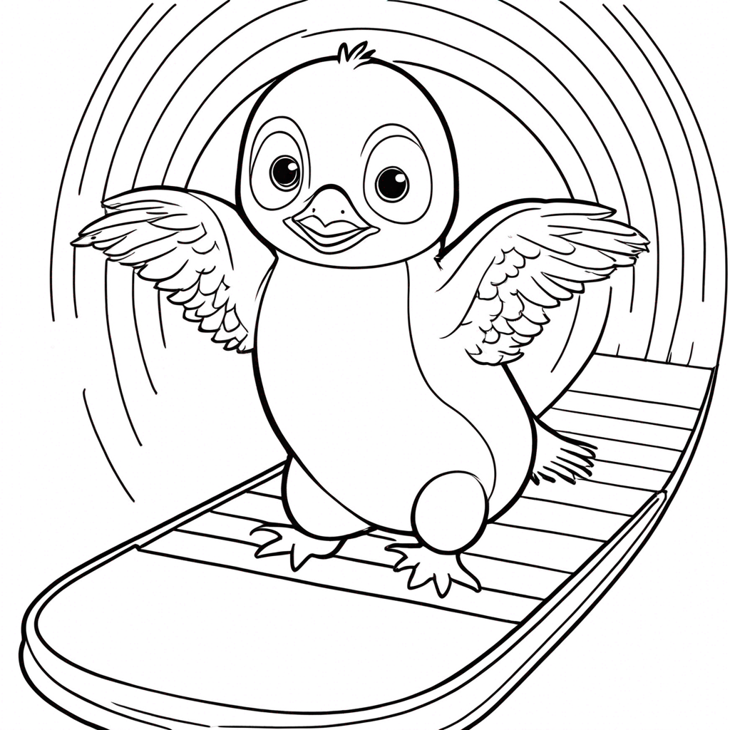 Fluffy Penguin Sliding Rainbow Adventure coloring page from penguin theme - free printable line art for kids and adults