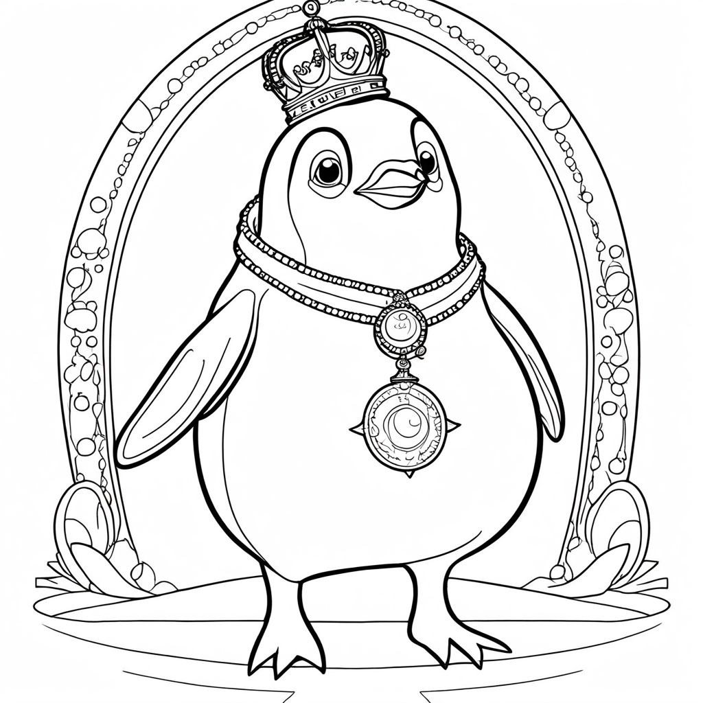 Prince Penguin's Regal Gem Quest coloring page from penguin theme - free printable line art for kids and adults