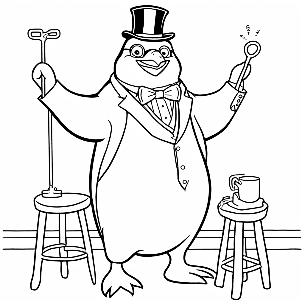"Professor Penguin's Invention Lab Triumph" coloring page from penguin theme - free printable line art for kids and adults