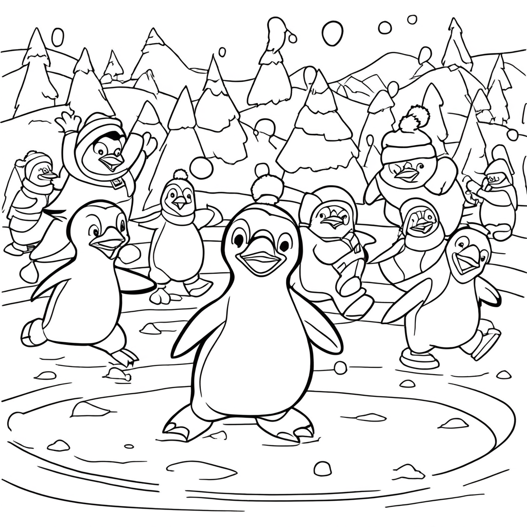 "The Penguin Snowball Battle Royale" coloring page from penguin theme - free printable line art for kids and adults