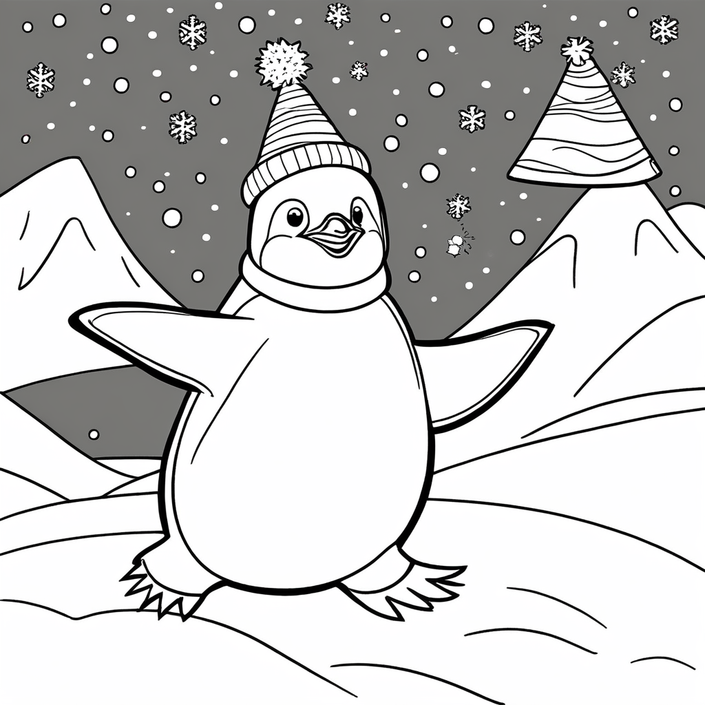 "Whimsical Penguin Belly-Sliding Adventure" coloring page from penguin theme - free printable line art for kids and adults