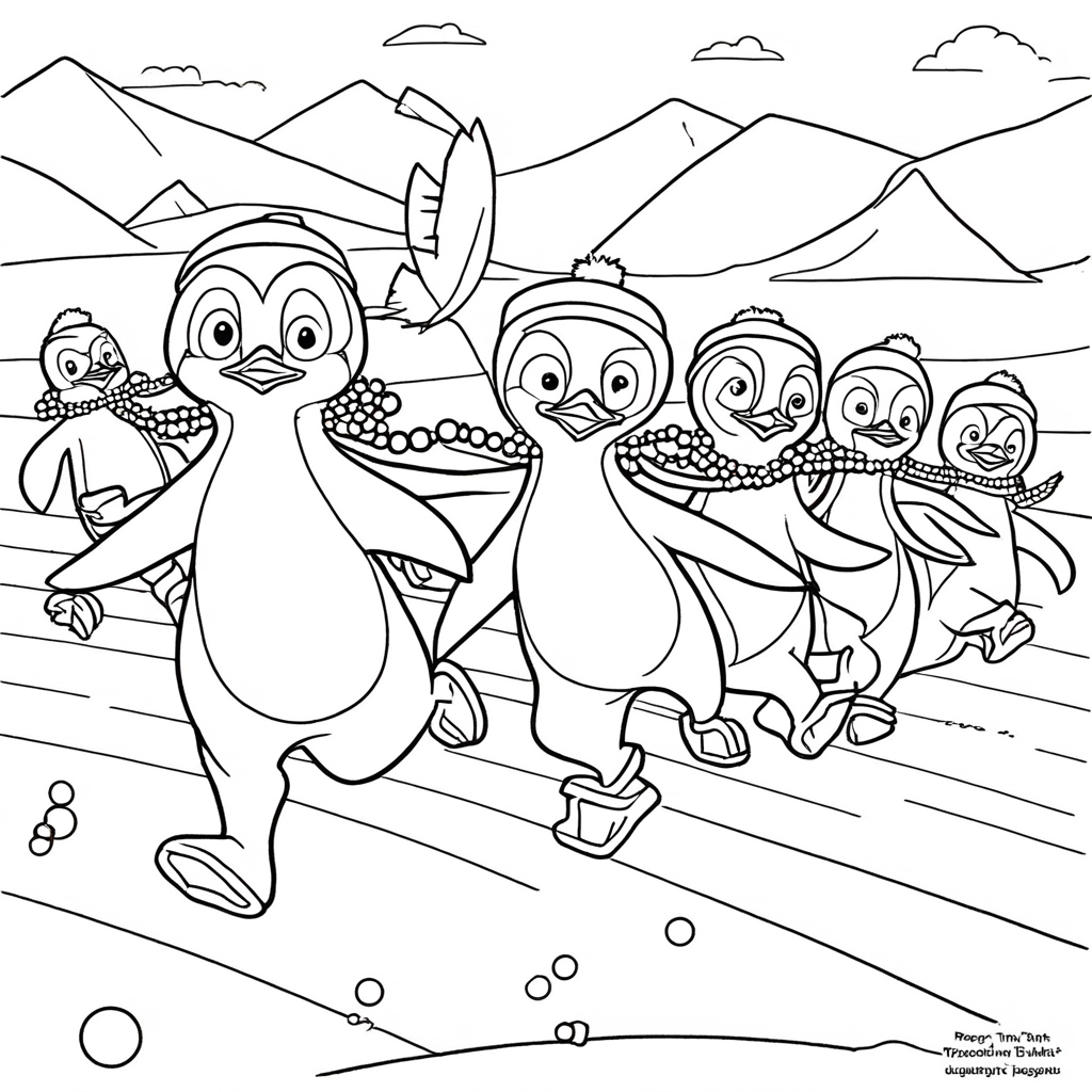 "Penguin Racing for the Gold" coloring page from penguin theme - free printable line art for kids and adults