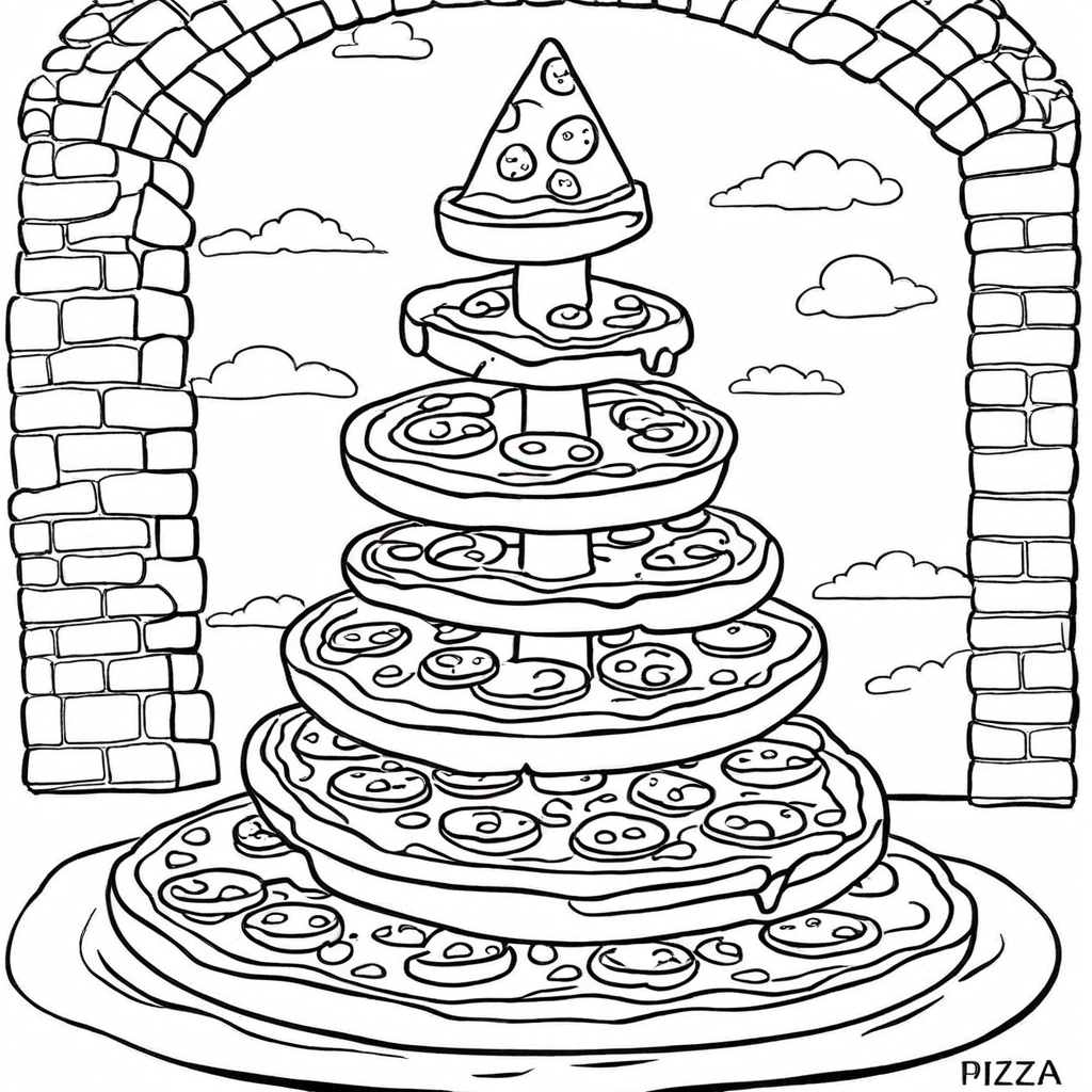 Detailed Pizza Tower Illustration coloring page from pizza theme - free printable line art for kids and adults