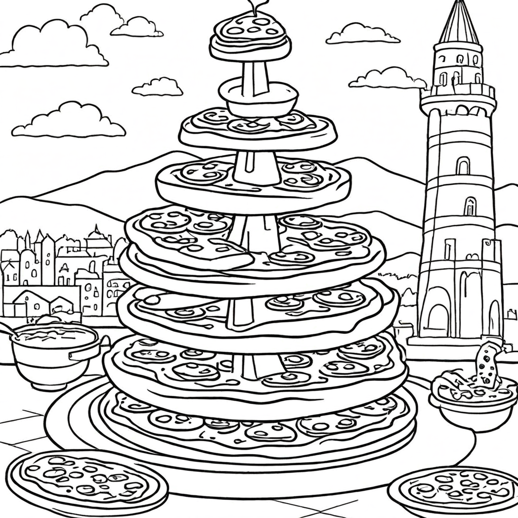 Detailed Pizza Tower Illustration-2 coloring page from pizza theme - free printable line art for kids and adults