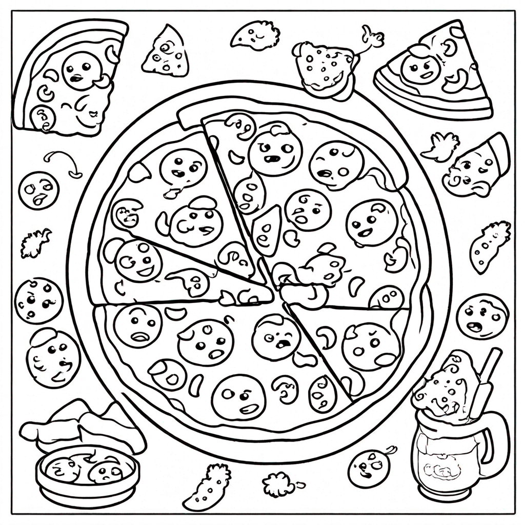Kawaii Pizza Scene with Multiple Characters coloring page from pizza theme - free printable line art for kids and adults