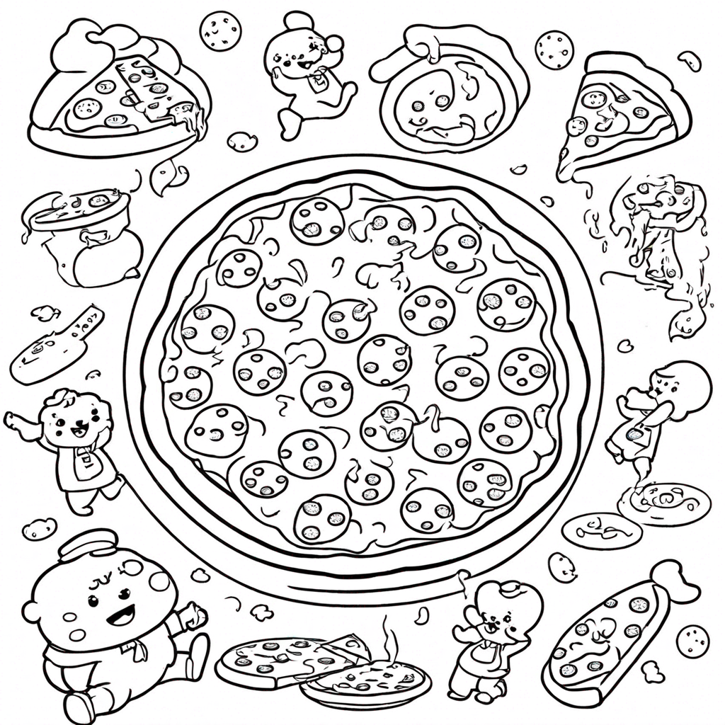 Kawaii Pizza Scene with Multiple Characters-2 coloring page from pizza theme - free printable line art for kids and adults