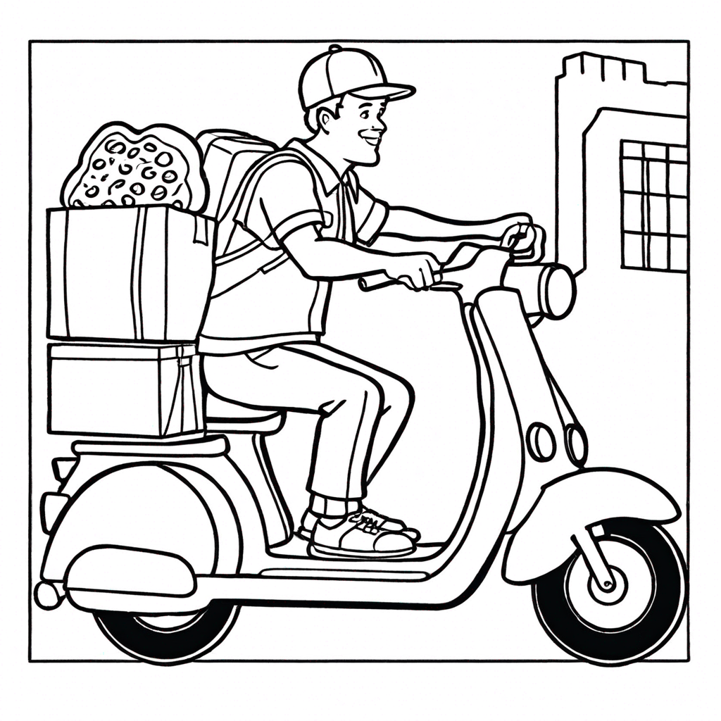 Pizza Delivery Person on Scooter coloring page from pizza theme - free printable line art for kids and adults