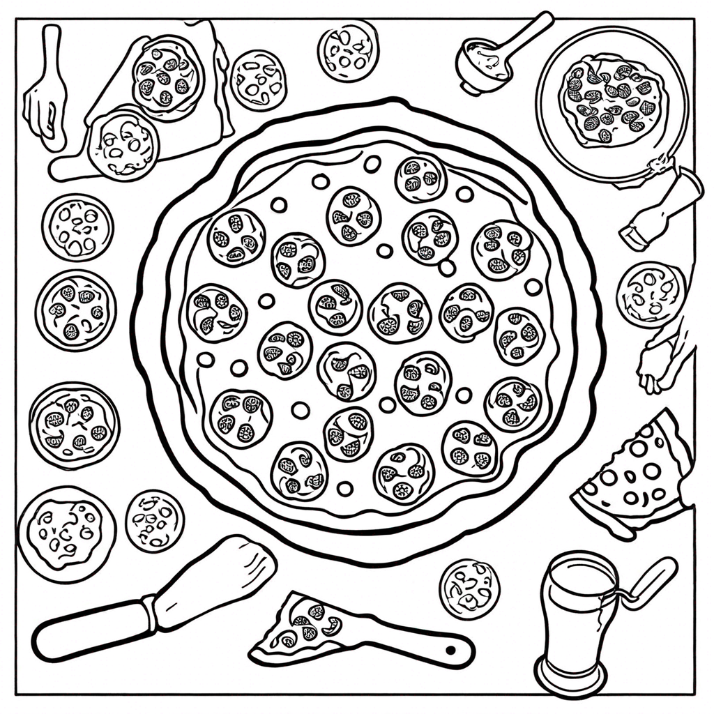 Pizza Party with Friends and Drinks coloring page from pizza theme - free printable line art for kids and adults