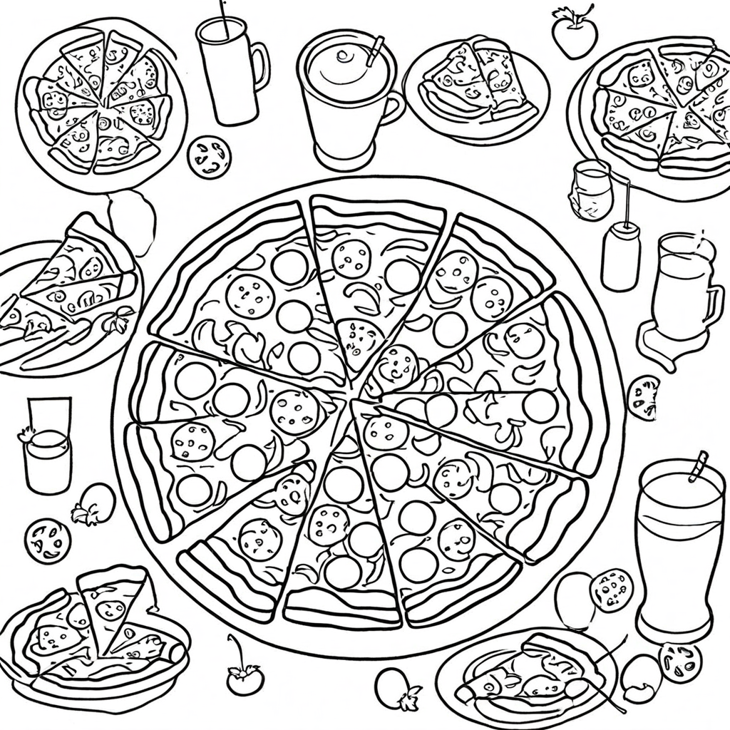 Pizza Party with Friends and Drinks-2 coloring page from pizza theme - free printable line art for kids and adults