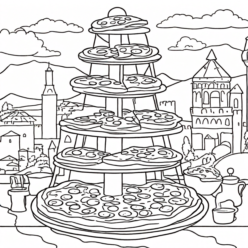 Pizza Tower Scene Simplified -2 coloring page from pizza theme - free printable line art for kids and adults