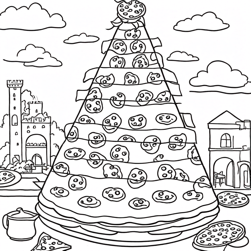 Pizza Tower Scene Simplified coloring page from pizza theme - free printable line art for kids and adults