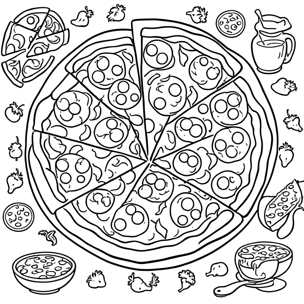 Pizza with Various Toppings-2 coloring page from pizza theme - free printable line art for kids and adults