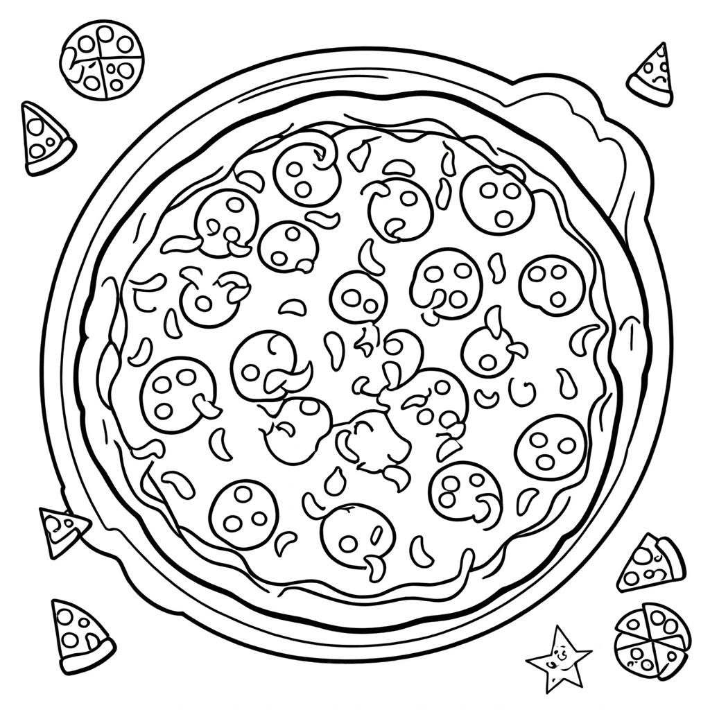 Simple Kawaii Pizza Face coloring page from pizza theme - free printable line art for kids and adults
