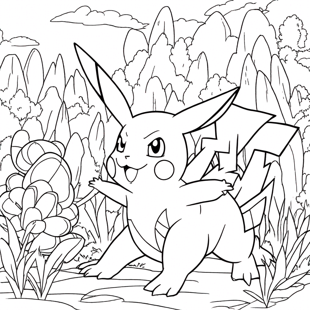 Pikachu Exploring Forest Clearing coloring page from Pokemon theme - free printable line art for kids and adults