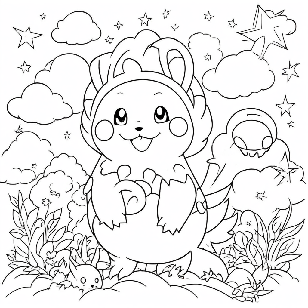 Pikachu Flying among Starry coloring page from Pokemon theme - free printable line art for kids and adults