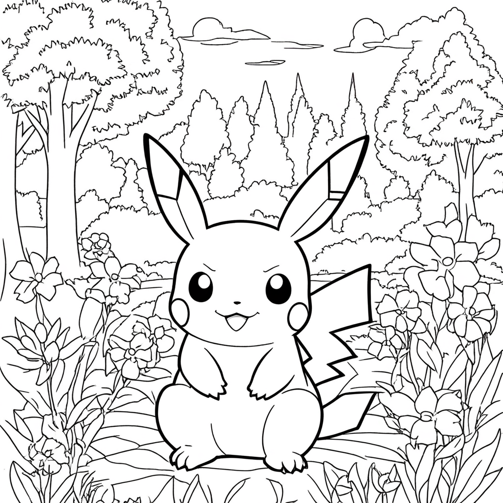 "Pikachu Hiding Among Blossoms" coloring page from Pokemon theme - free printable line art for kids and adults