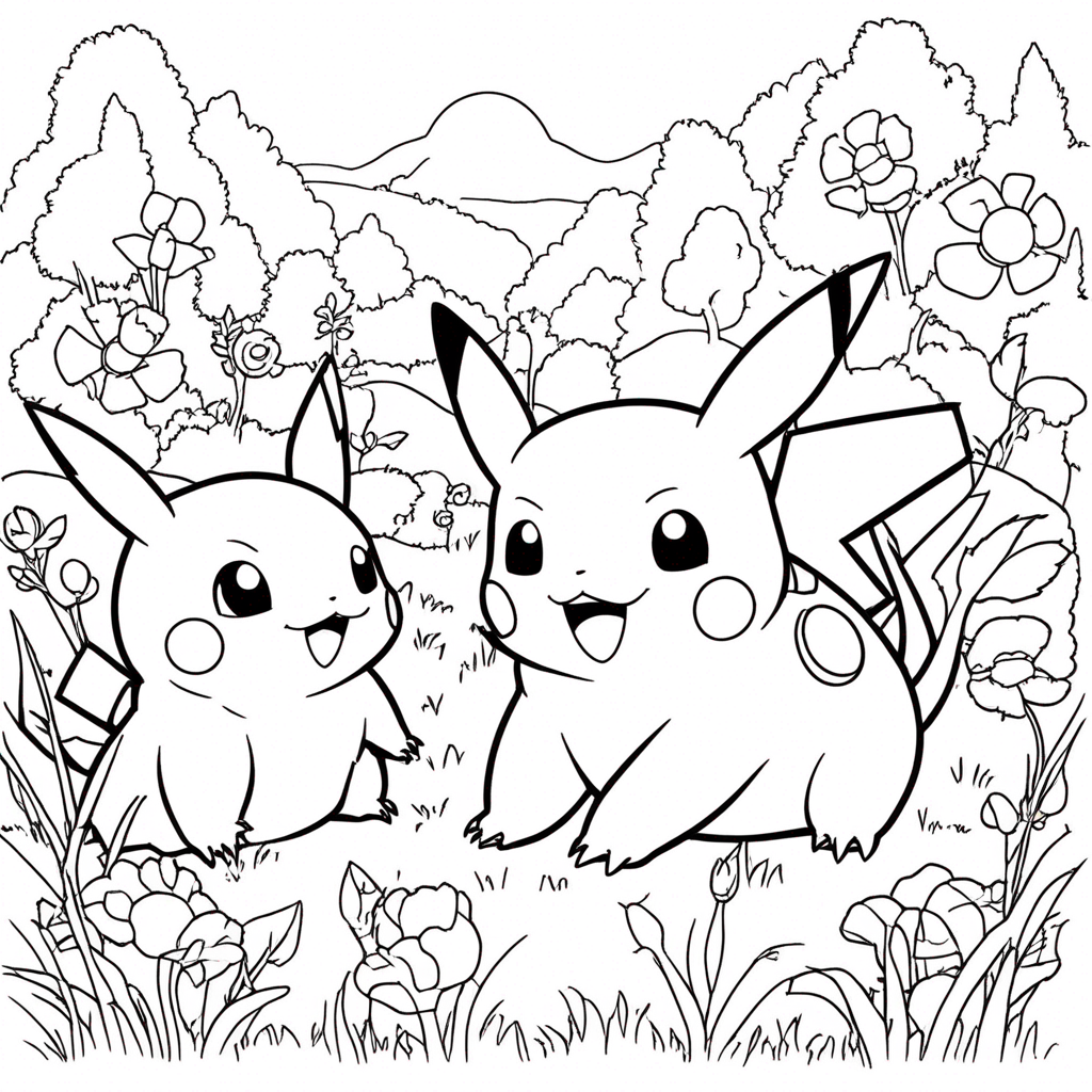 pokemon Exploring Enchanted Forest" coloring page from Pokemon theme - free printable line art for kids and adults