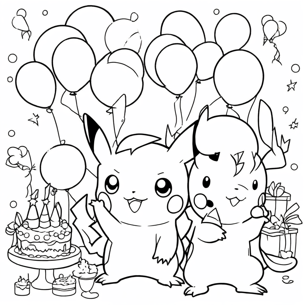 Pokemon Dancing with Colorful Balloons coloring page from Pokemon theme - free printable line art for kids and adults