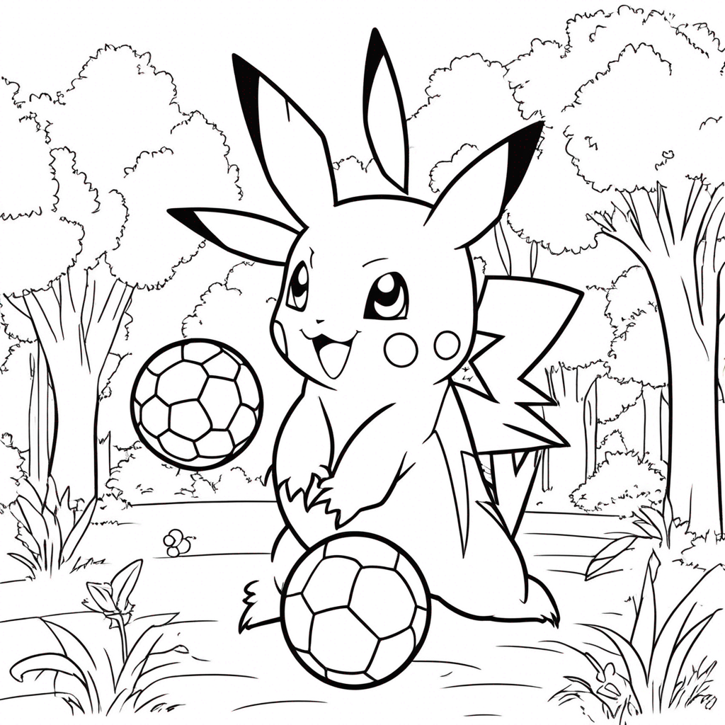 "Pokemon Playing Sports Together" coloring page from Pokemon theme - free printable line art for kids and adults