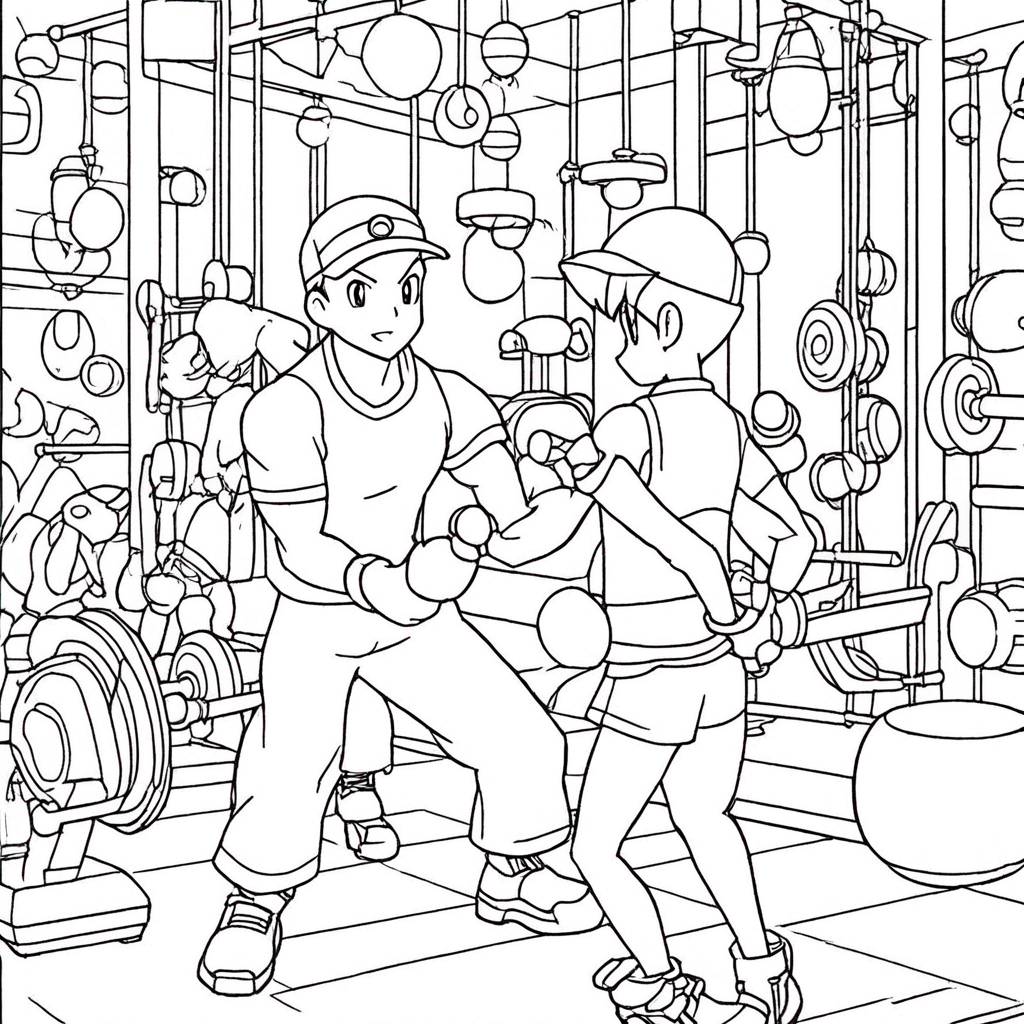 "Pikachu Training in Gym" coloring page from Pokemon theme - free printable line art for kids and adults