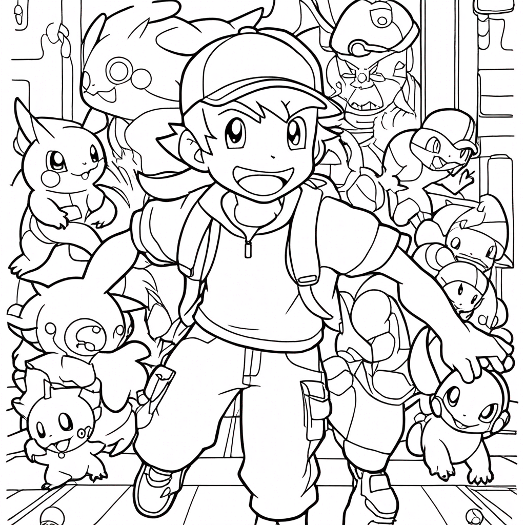 Pokemon Training in Gym Battle coloring page from Pokemon theme - free printable line art for kids and adults