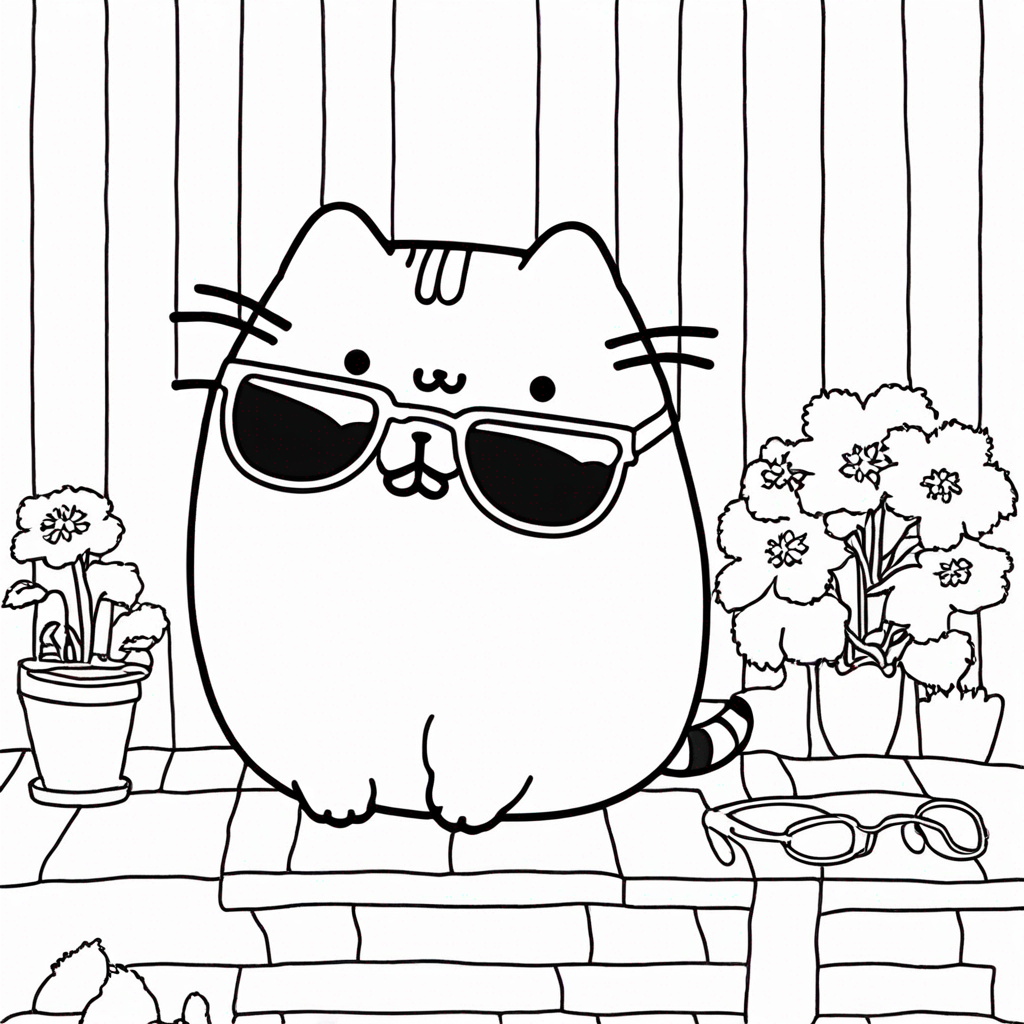 Cool Pusheen with Sunglasses coloring page from Pusheen theme - free printable line art for kids and adults