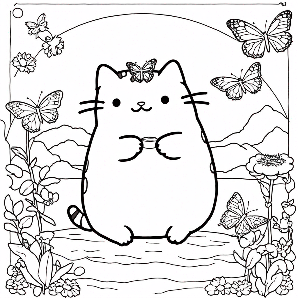 Pusheen and the Butterfly Adventure coloring page from Pusheen theme - free printable line art for kids and adults