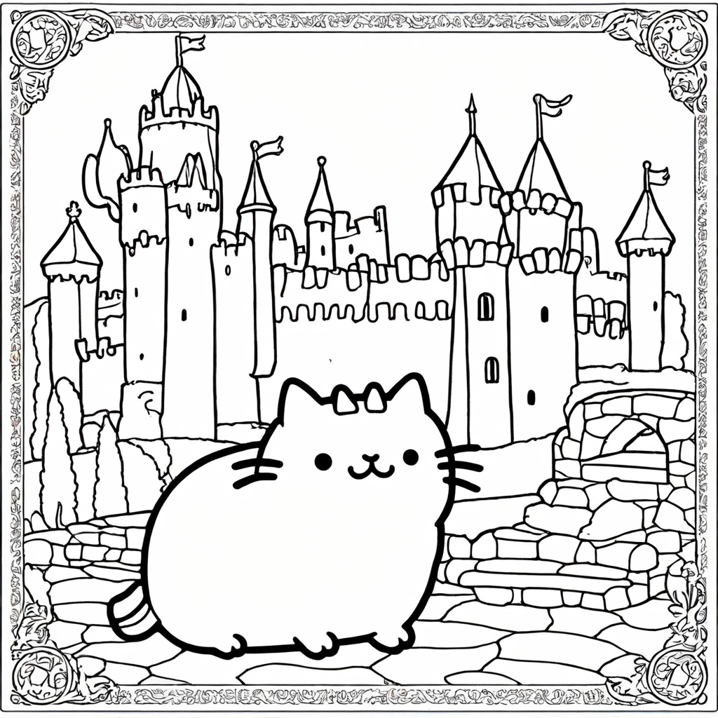 Pusheen at the Medieval Castle coloring page from Pusheen theme - free printable line art for kids and adults