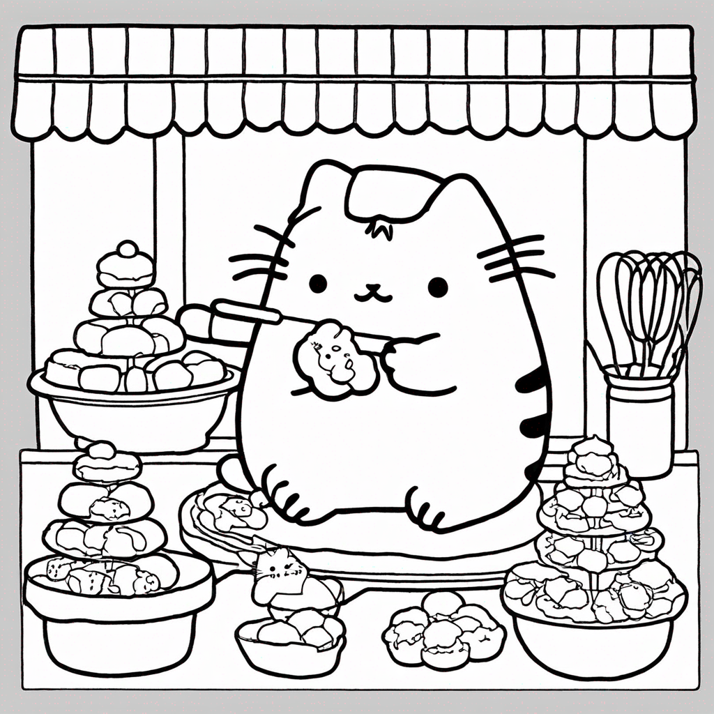 Pusheen Baking Cookies coloring page from Pusheen theme - free printable line art for kids and adults