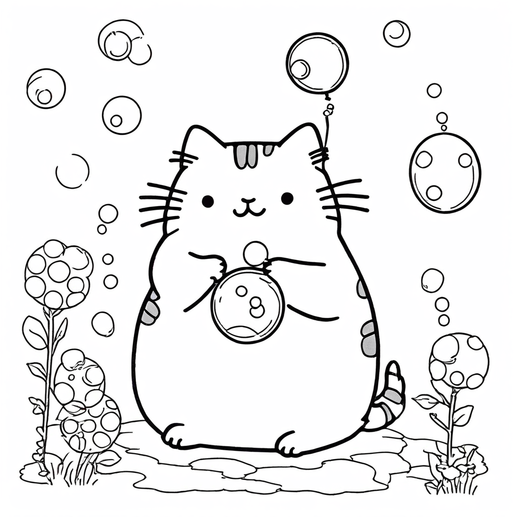 Pusheen Blowing Bubbles coloring page from Pusheen theme - free printable line art for kids and adults