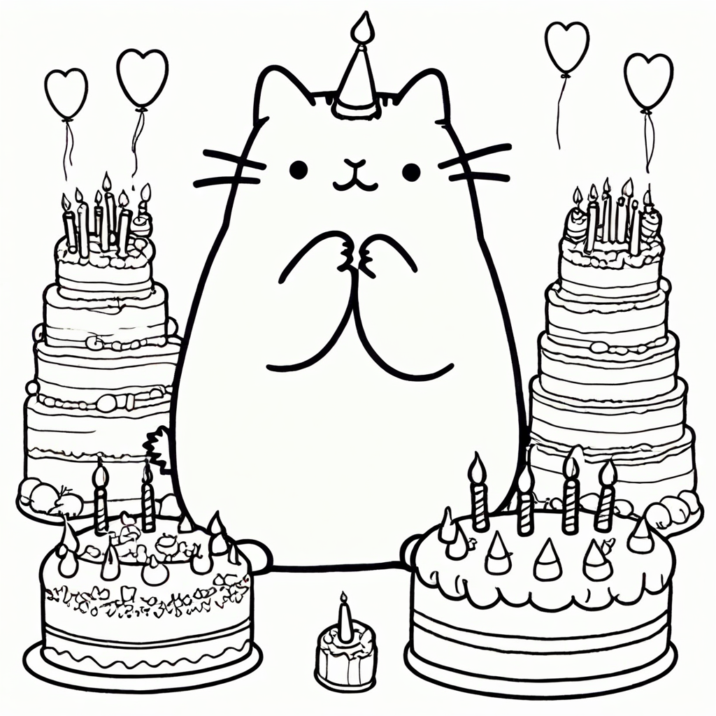 Pusheen Celebrating a Birthday Bash coloring page from Pusheen theme - free printable line art for kids and adults
