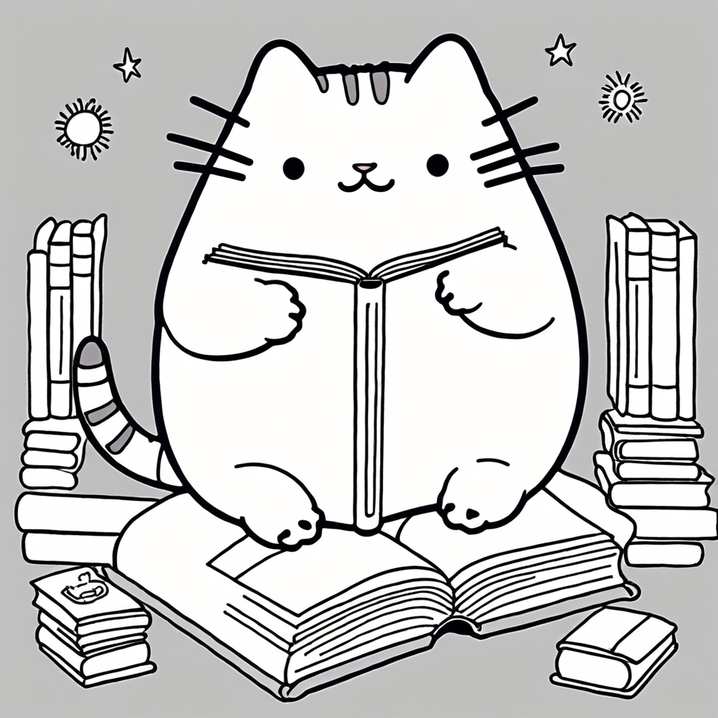 Pusheen Enjoying a Book coloring page from Pusheen theme - free printable line art for kids and adults