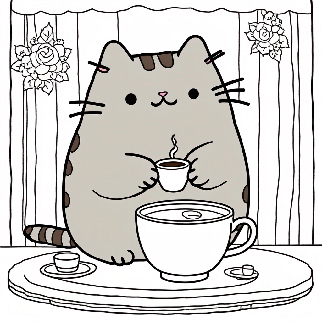 Pusheen Enjoying a Cup of Coffee coloring page from Pusheen theme - free printable line art for kids and adults