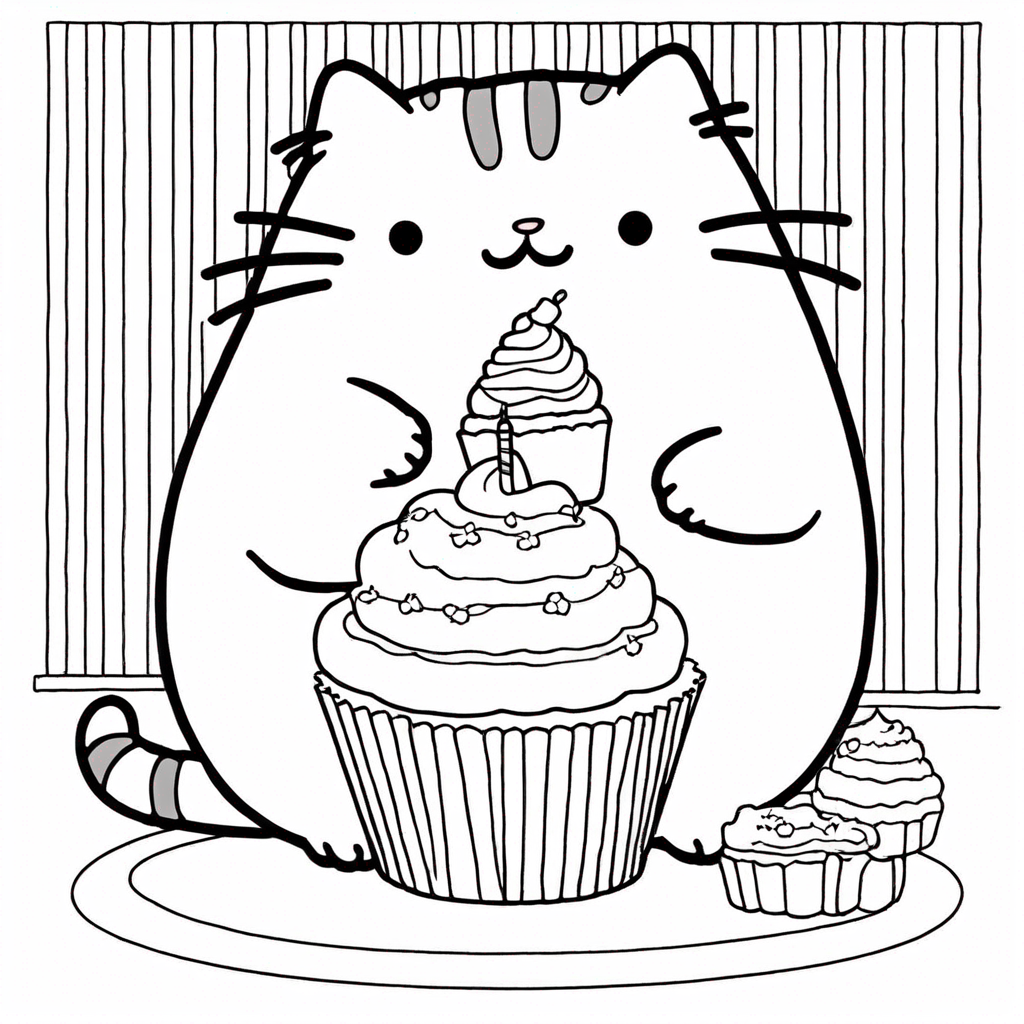 Pusheen Enjoying a Cupcake coloring page from Pusheen theme - free printable line art for kids and adults