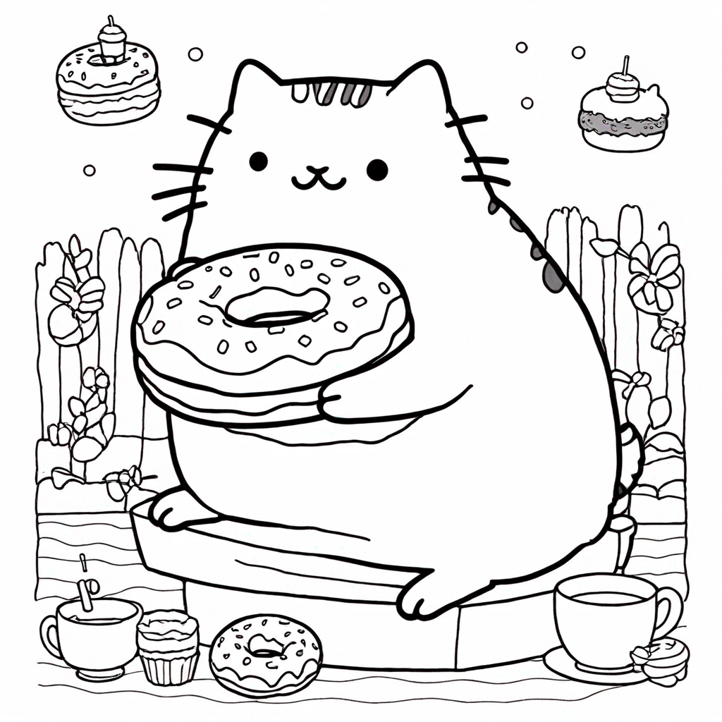 Pusheen Enjoying a Donut coloring page from Pusheen theme - free printable line art for kids and adults