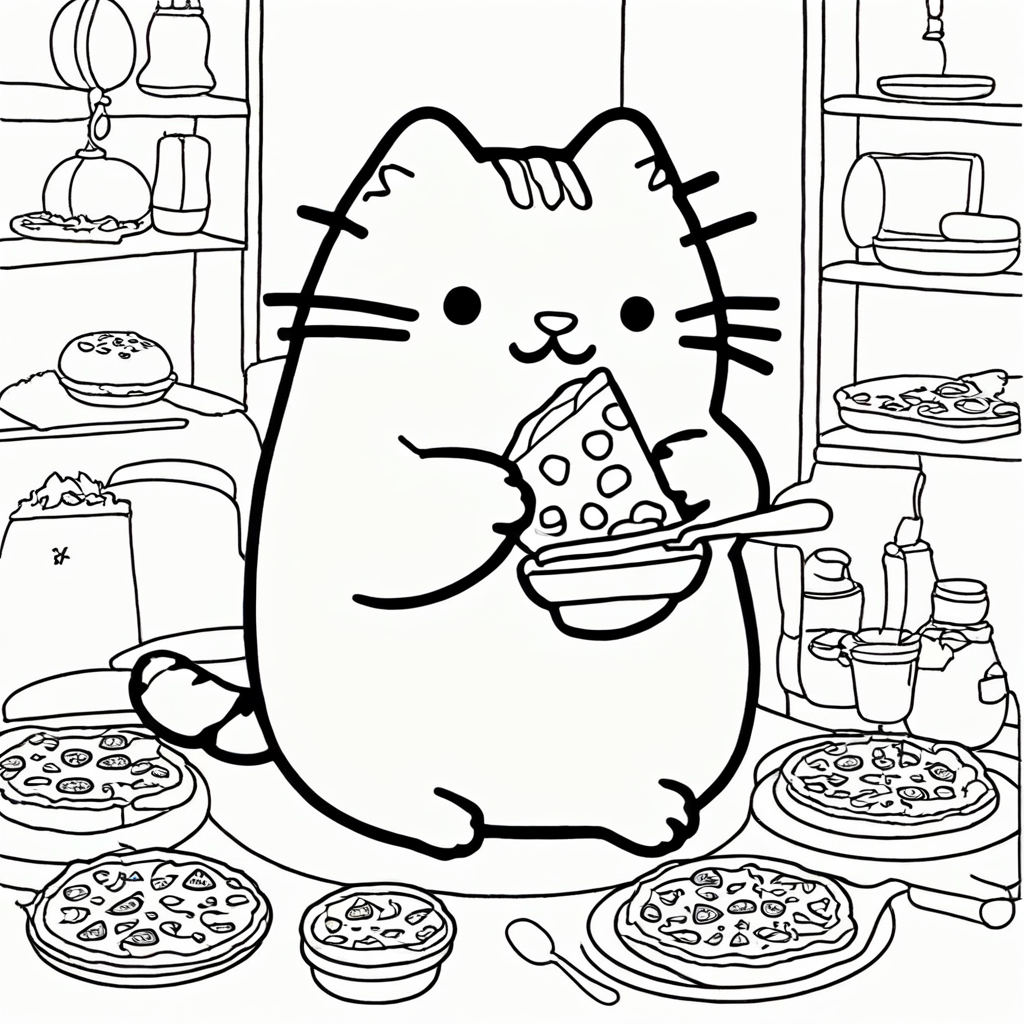 Pusheen Enjoying Pizza coloring page from Pusheen theme - free printable line art for kids and adults