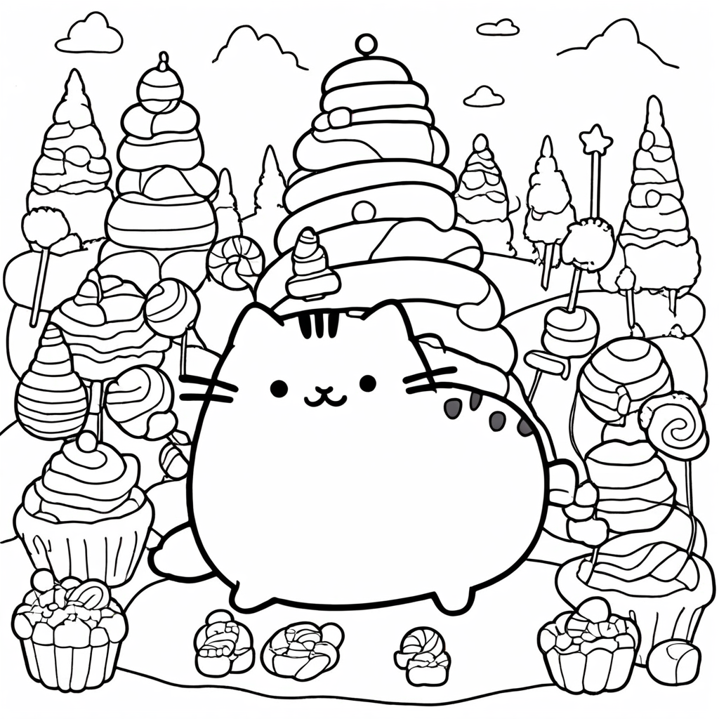 Pusheen Exploring a Candy Land coloring page from Pusheen theme - free printable line art for kids and adults