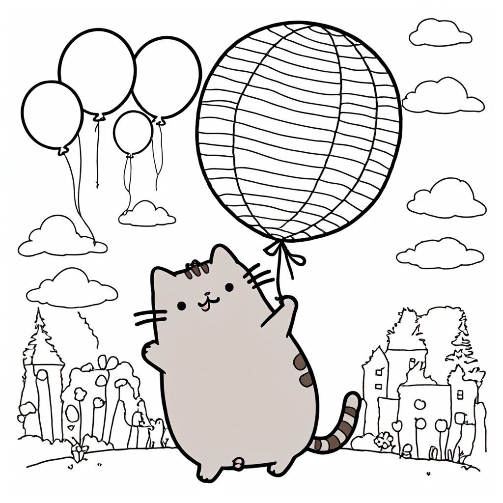 Pusheen Holding a Balloon coloring page from Pusheen theme - free printable line art for kids and adults