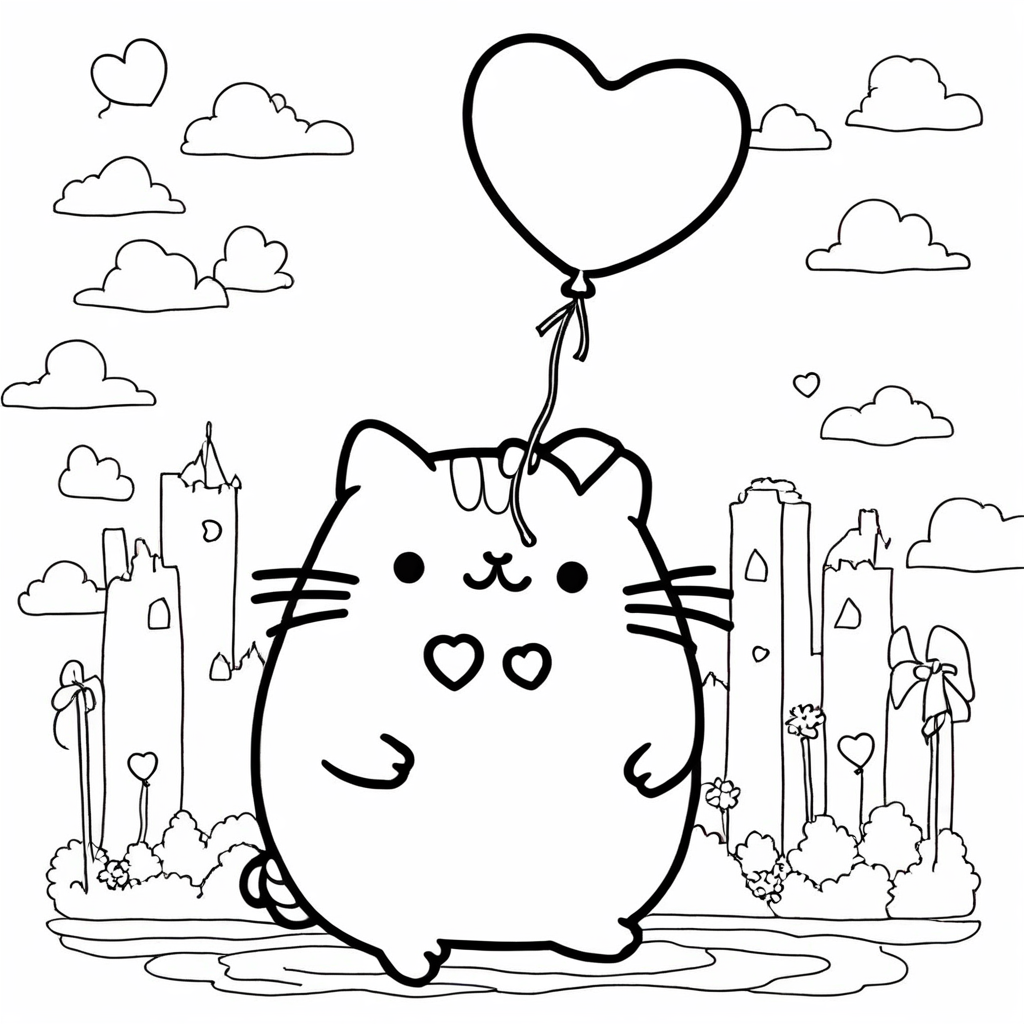 Pusheen Holding a Heart Balloon coloring page from Pusheen theme - free printable line art for kids and adults
