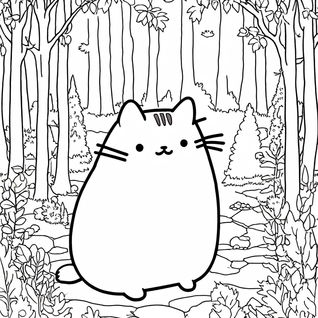 Pusheen in a Magical Forest coloring page from Pusheen theme - free printable line art for kids and adults