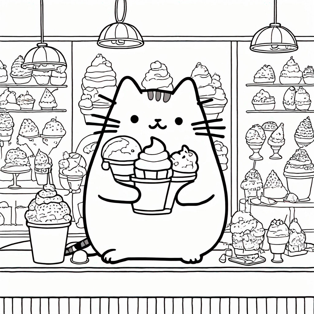 Pusheen in an Ice Cream Parlor coloring page from Pusheen theme - free printable line art for kids and adults