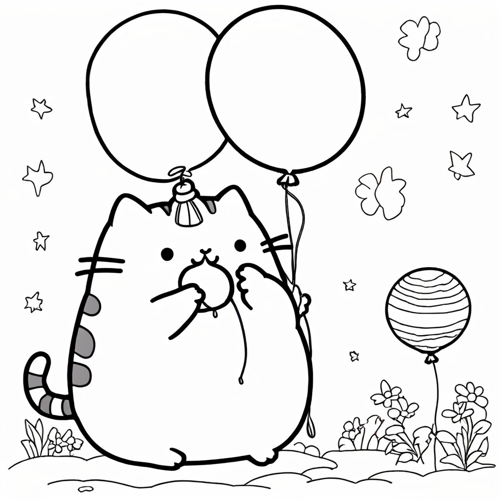 Pusheen with a Balloon coloring page from Pusheen theme - free printable line art for kids and adults
