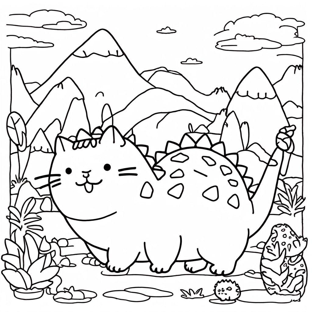 Pusheen x27 s Dinosaur Adventure coloring page from Pusheen theme - free printable line art for kids and adults