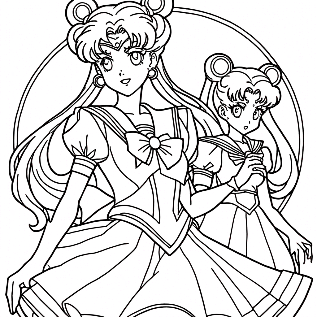 Sailor Moon and Chibiusa coloring page from Sailor Moon theme - free printable line art for kids and adults