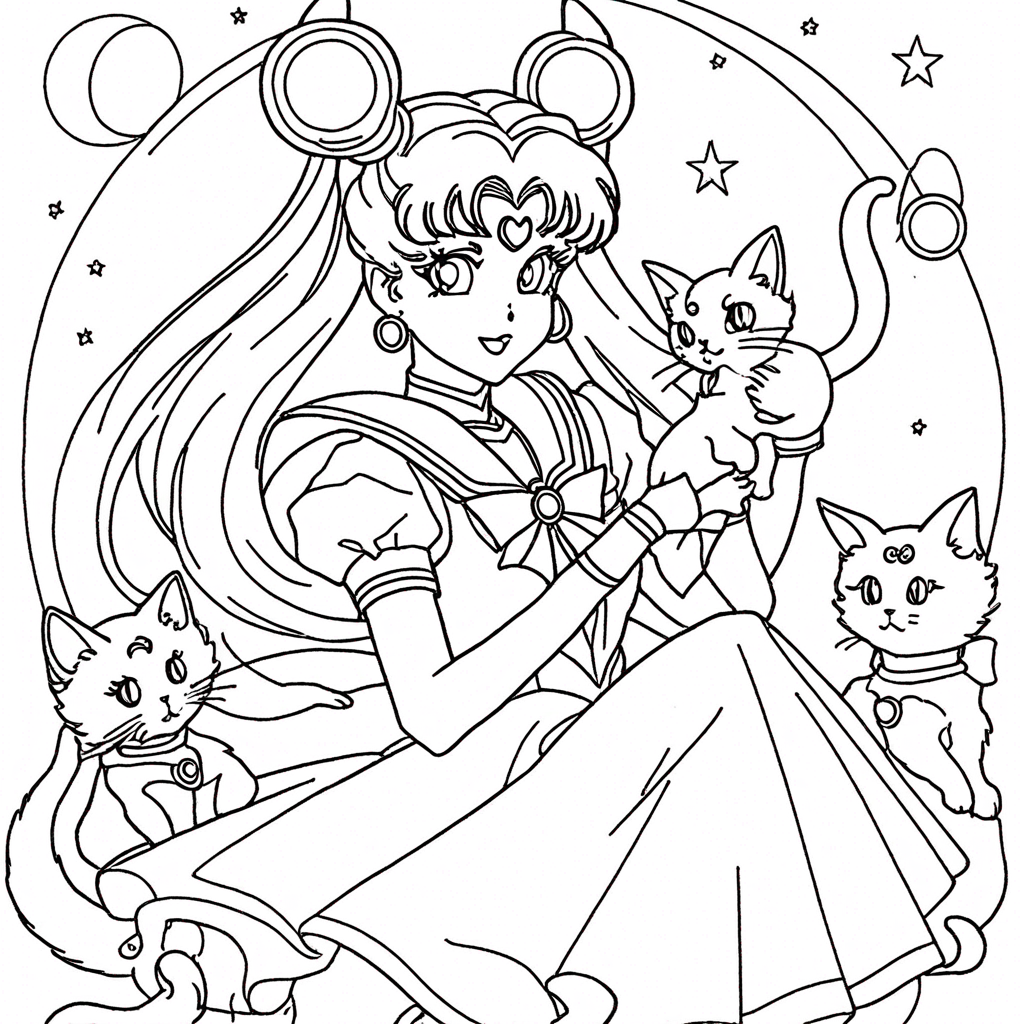 Sailor Moon and Her Magical Cats coloring page from Sailor Moon theme - free printable line art for kids and adults