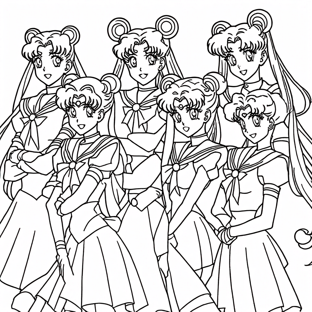 Sailor Moon Team Portrait coloring page from Sailor Moon theme - free printable line art for kids and adults
