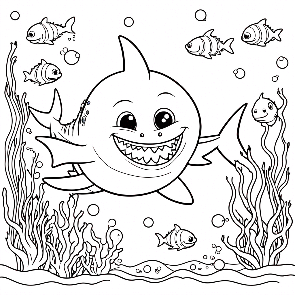 Baby Shark Chasing Fish coloring page from shark theme - free printable line art for kids and adults
