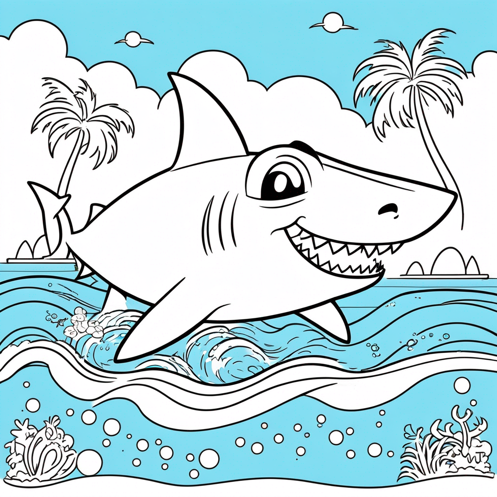 Cheerful Shark's Island Adventure coloring page from shark theme - free printable line art for kids and adults
