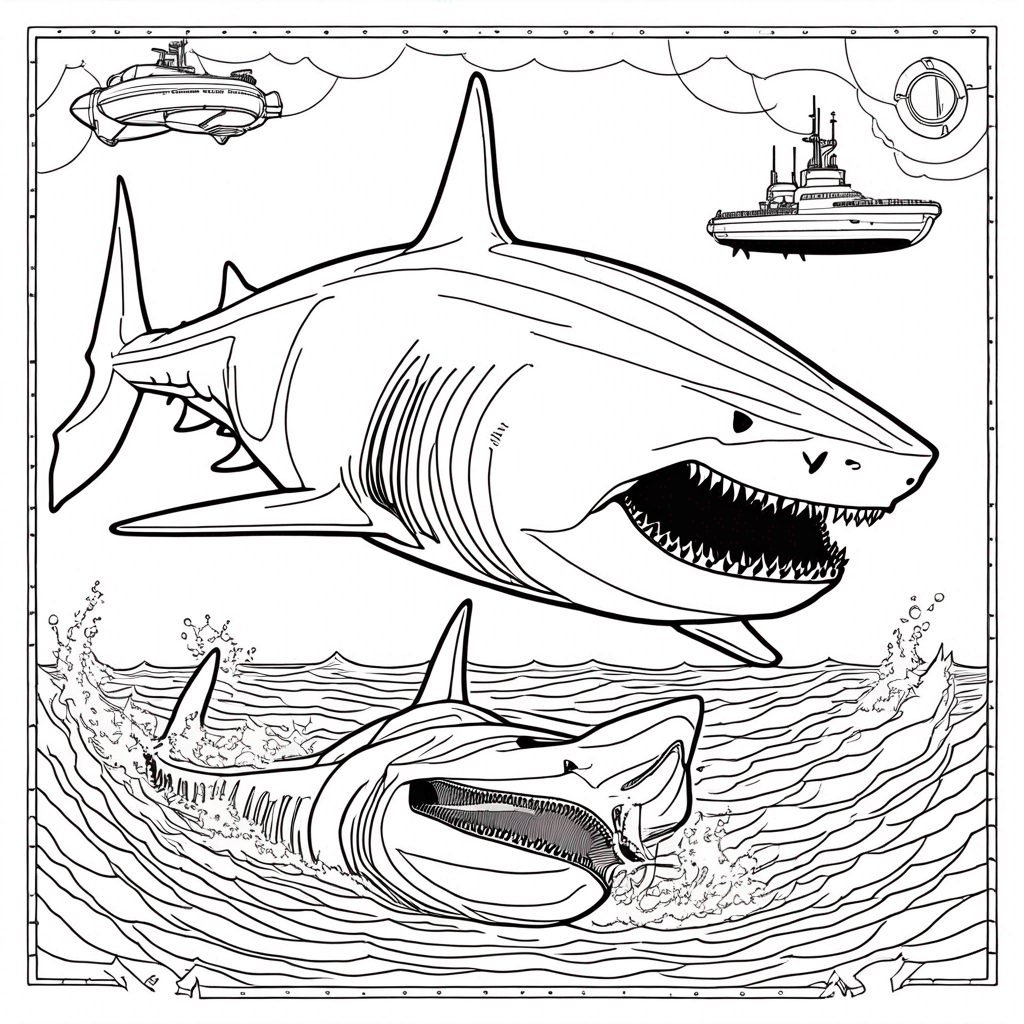 Megalodon Shark Approaching Retro Submarine