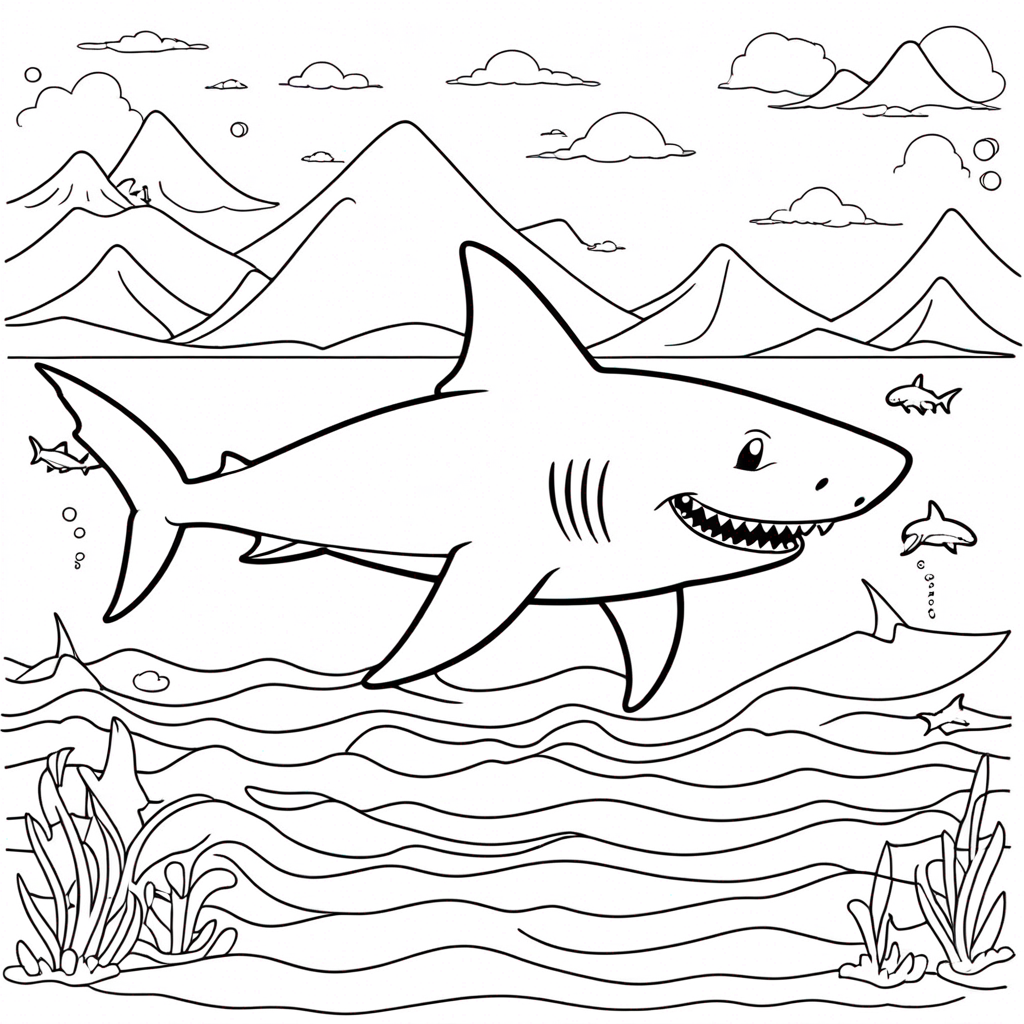 "Shark Splashing in Ocean Waves" coloring page from shark theme - free printable line art for kids and adults